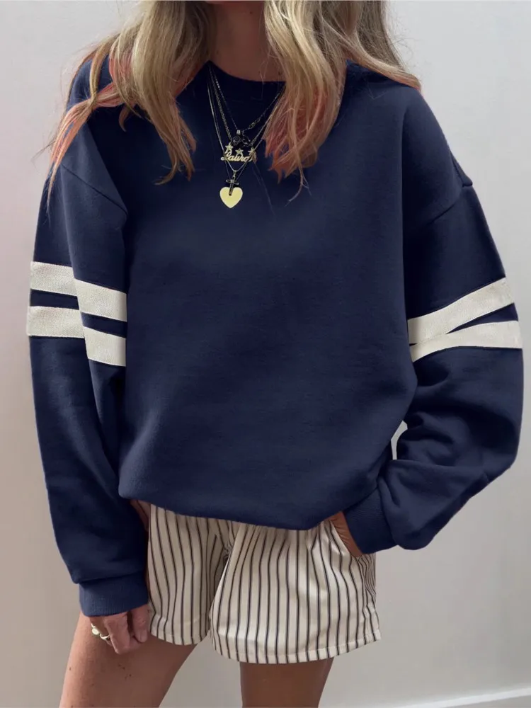 New Women Striped Color Block Pullover Drop Shoulder Hoodie Autumn Casual Loose O Neck Sweatshirt Comfortable Long Sleeve Top