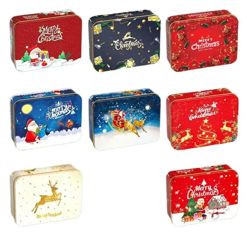 عيد الميلاد صفيح كاندي القصدير يمكن صندوق معدني الكرتون الأيائل سانتا كلوز رسالة مطبوعة عيد الميلاد الحلوى كوكي الشاي تخزين هدية القضية #5