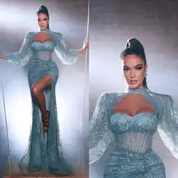 Plus Size Sequined Evening Dresses Mermaid Long Sleeves High Neck Beading Formal Elegant Prom Gowns For Black Girls Customized