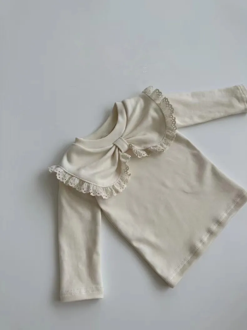 Baby Undershirt Spring and Autumn Baby Lace Bow Turn-down Collar Bottom Shirt for Girls Baby Princess Long Sleeve Top