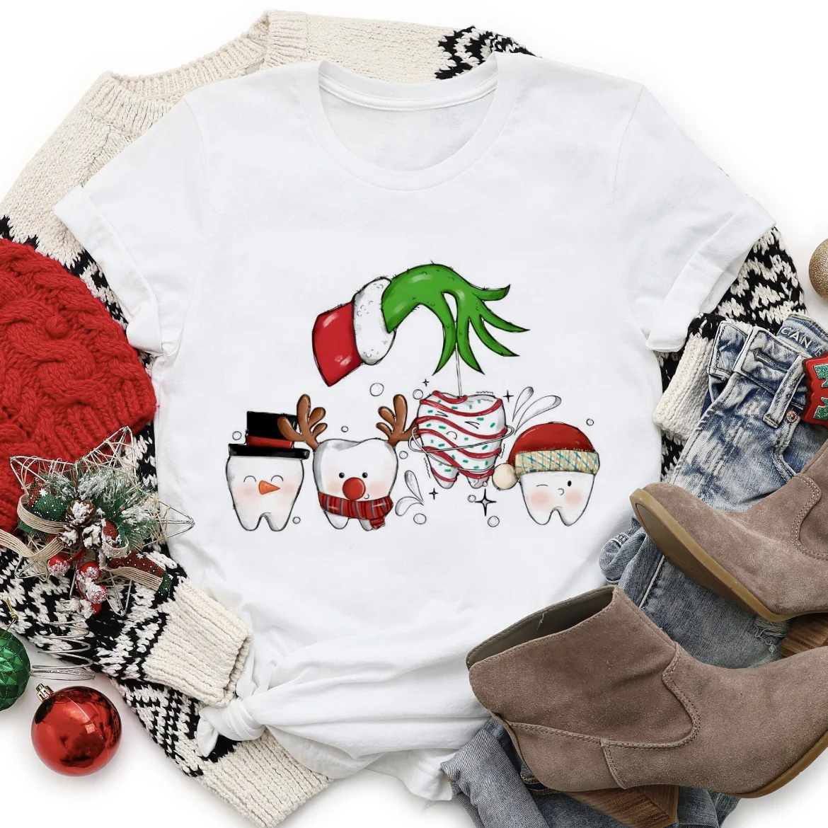 グランチデンタルパターンTシャツ,半袖,水彩スタイル,プリントトップ,ラージサイズ,クリスマス服,ファッション