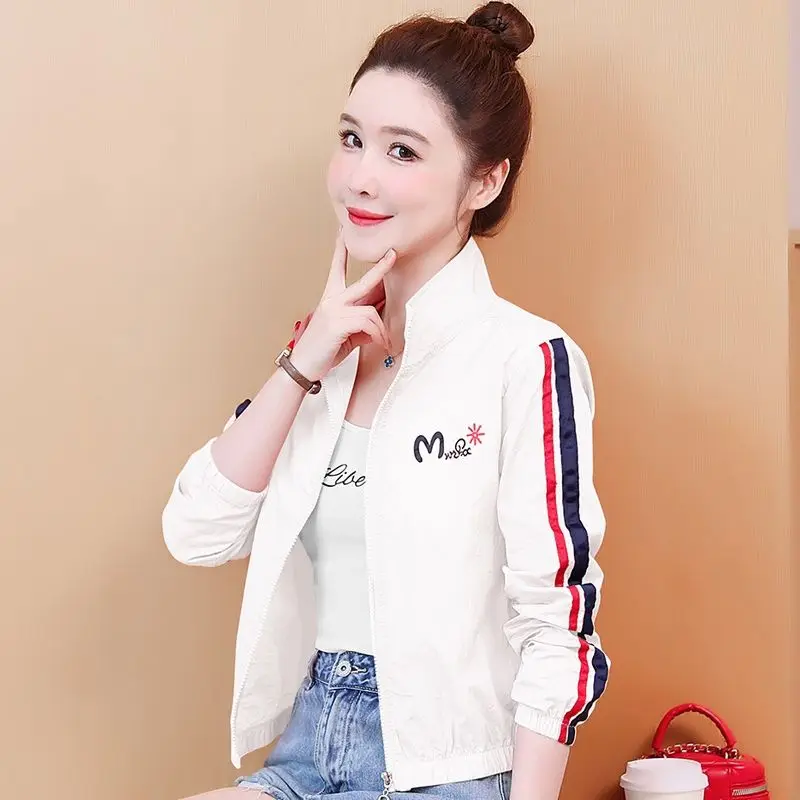 Women Zipper Sweatshirt Summer Sunscreen Clothing Short Coats Long-sleeved Lightweight Jacket New Lapel Collar Print Patchwork