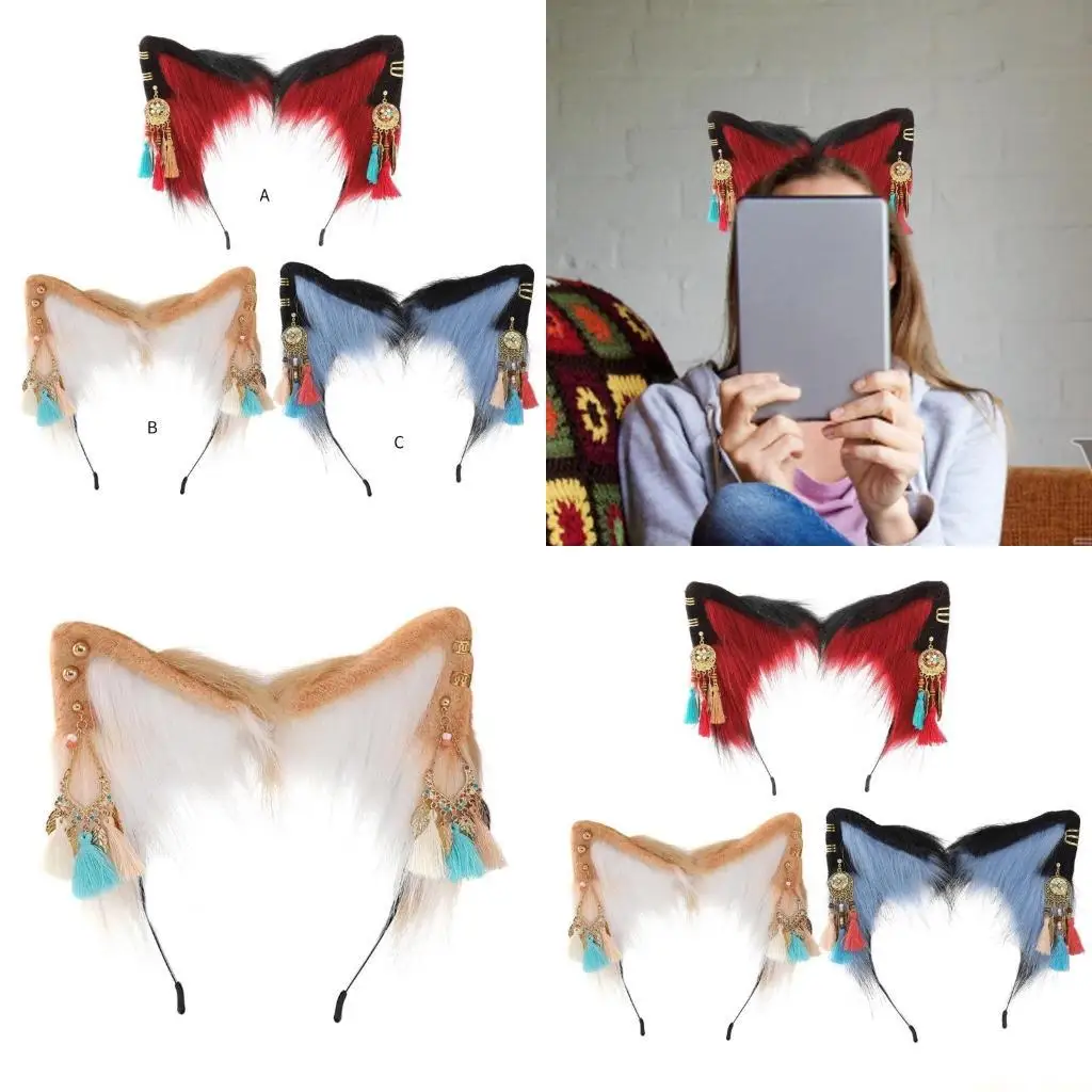 

31BF плюшевая повязка на голову с кошачьими ушками и этническими серьгами, декорированная плюшевой повязкой на голову с кота для