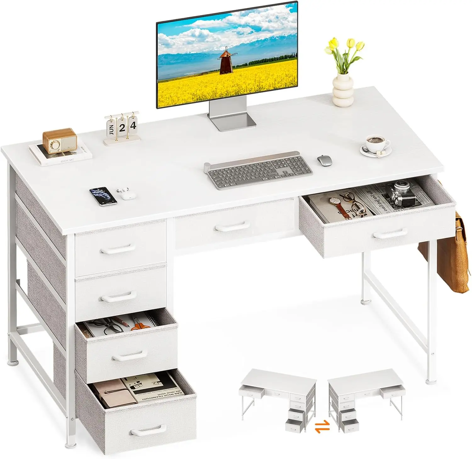 Computer Desk with 6 Drawers, 40 Inch Small Desk with Storage, Work Study Table for Bedroom, White