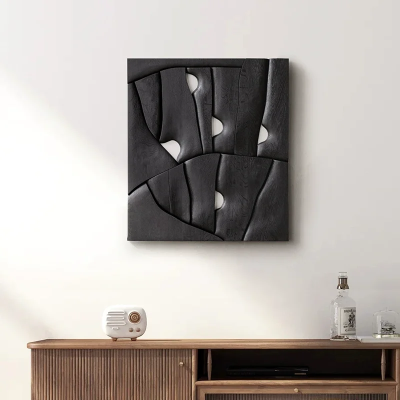 ！@Contemporary Handmade Abstract Black 3D Wood Carving Creative Wall Artwork Texture Home Decor