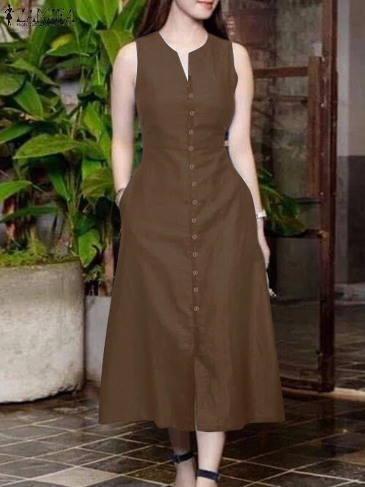 ZANZEA Stylowa Letnia Sukienka na Lato 2025 Damska Elegancka Sukienka do Pracy Jednolita Dekolt V Bez Rękawów Sukienka Midi na Wakacje Vestidos Robe Femme