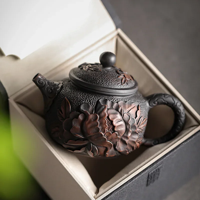 China Jianshui Purple Clay Black Ceramic Handmade Full Dragon Carving Teapot Kettle Porcelain Kung Fu Tea Set Drinkware