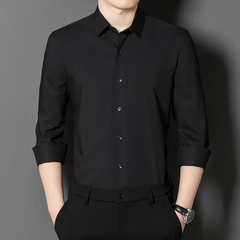 Higth quality silk long sleeve shirts for men slim fit formal shirt elastic anti-wrikle white soft black office designer clothes