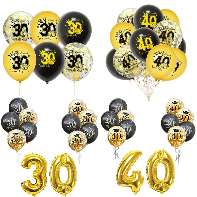 10/12pcs Black Gold Adult Birthday Balloon 30 40 50 60 Years Old Birthday Party Decorations Baloon 30th Birthday latex balloon