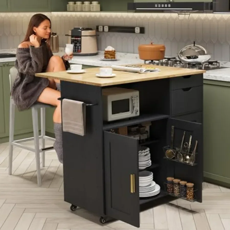 Kitchen island cart for cooking prep, wood top, white finish, with power outlet, wheels, storage cabinet, drawers, spice rack t