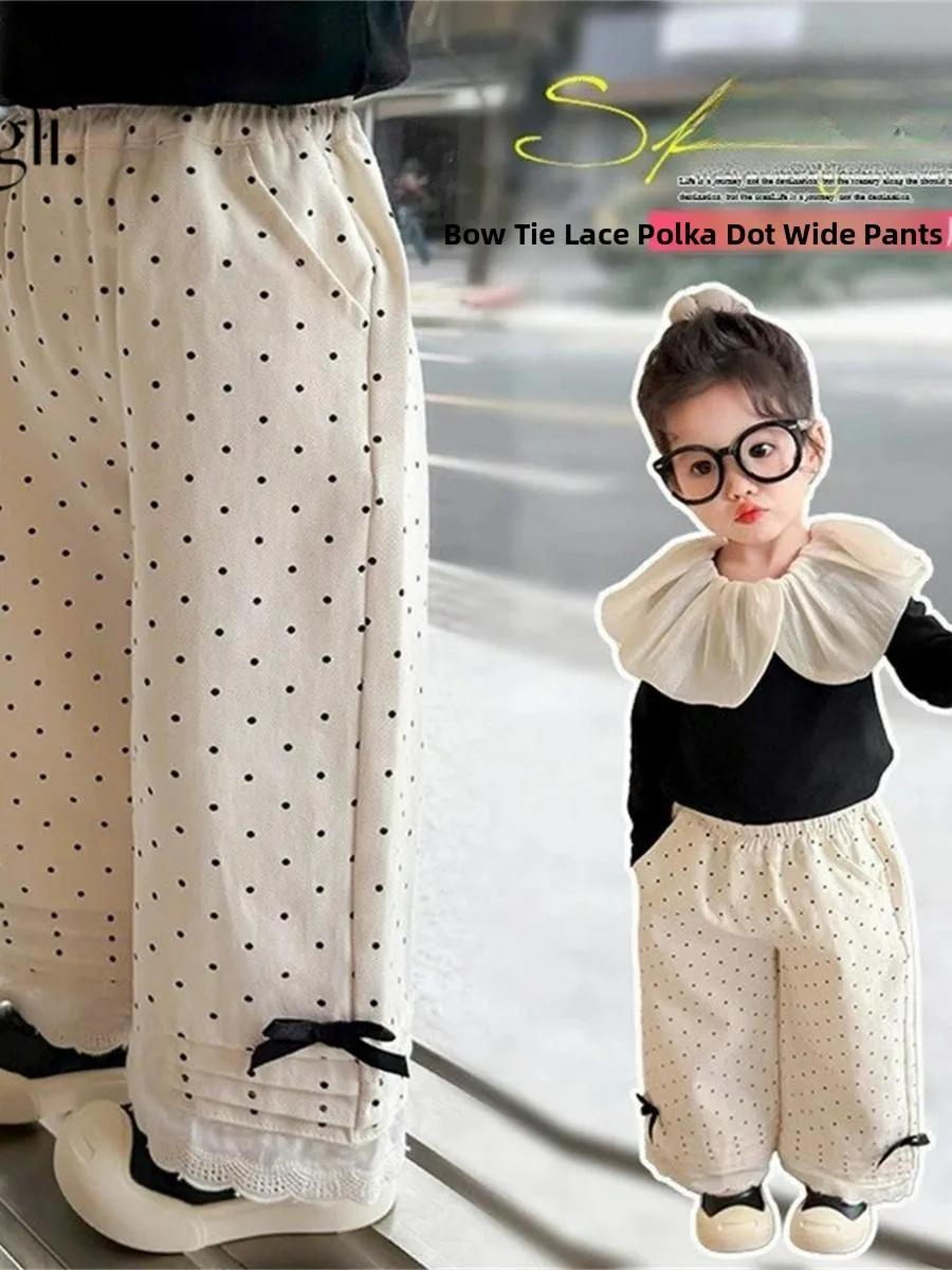 여아용 물방울무늬 러플 와이드 레그 팬츠 2025년 여름 신상 한국 스타일 패셔너블 베이비 캐주얼 다용도 롱 팬츠