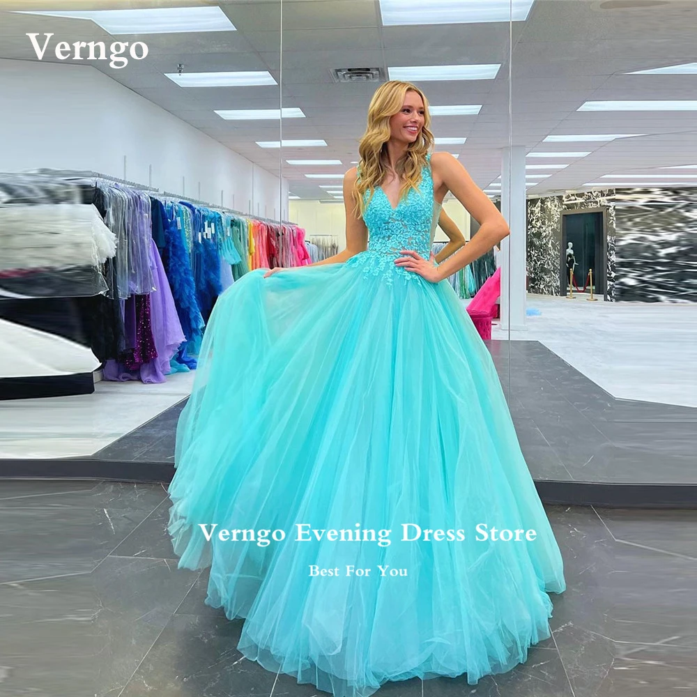 

Verngo Mint Green Tulle Long Prom Dresses Girls Party Dress Applique V Neck Formal Evening Gowns Princess Quinceanera Dress