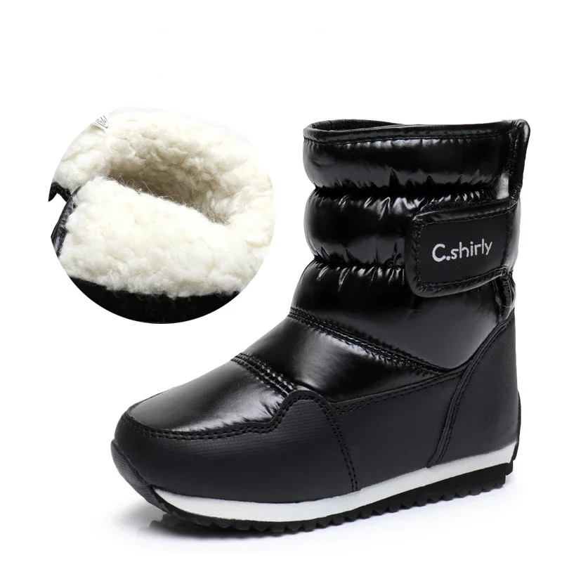 Botas de neve quente espessadas infantis, sapatos de cor sólida feminina, sapatos de algodão PU, impermeáveis, antiderrapantes, moda ao ar livre, inverno, 2022