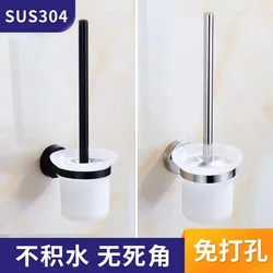 glass toilet brush holder wall mounted,  304 stainless steel bathroom cleaning brush black silver color