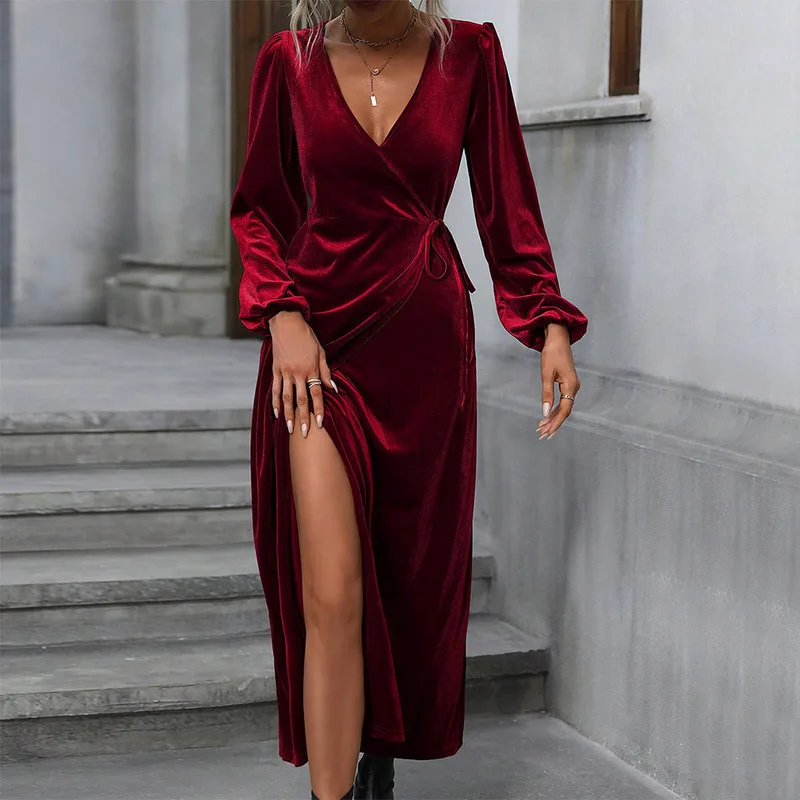 

Woman Red Evening Gown Ladies Red Velvet Party Pleated Skirt French Commuter Noble Lantern Sleeve Evening Gown Red Wine Dress