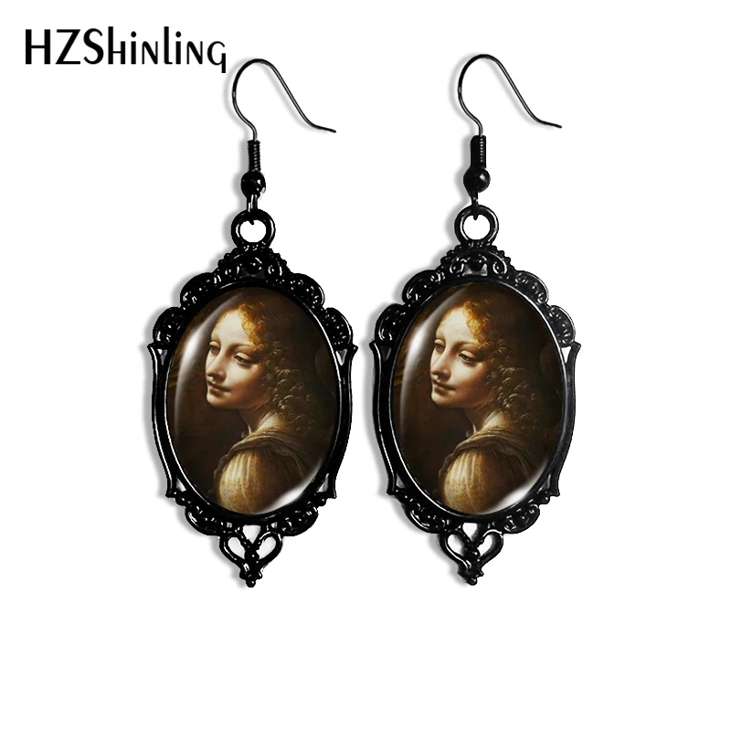 2024 New Mona Lisa Painting Dangle Earring Black Lace Earrings Oval Glass Photo Jewelry Gifts Party