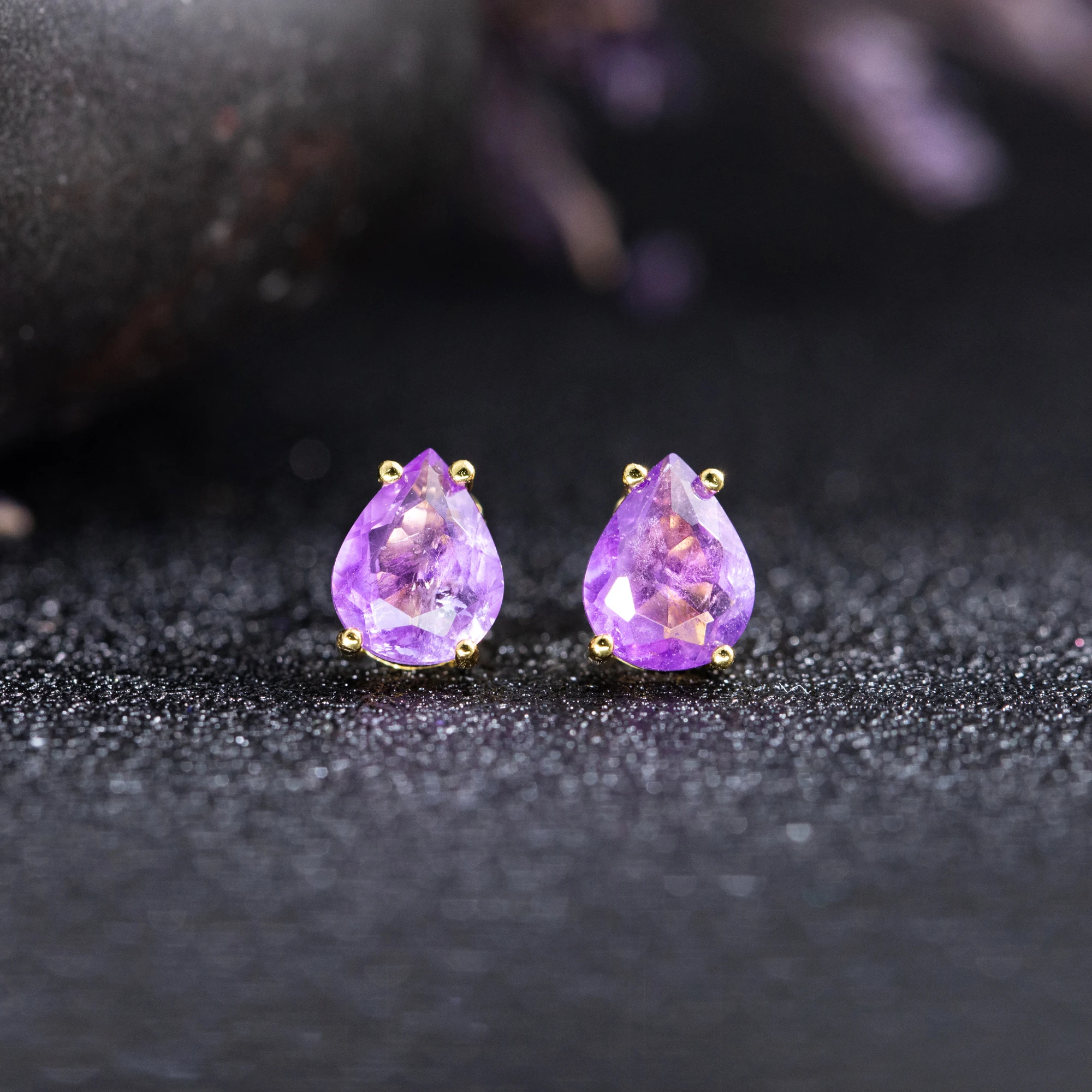 Minimalist Pear‑Shaped Amethyst Stud Earrings for Women, 925 Sterling Silver Base Gold Plated Natural Gemstone, Fine Wedding Jewelry, Ideal Birthday Party Anniversary Holiday Gift Accessories - view 4