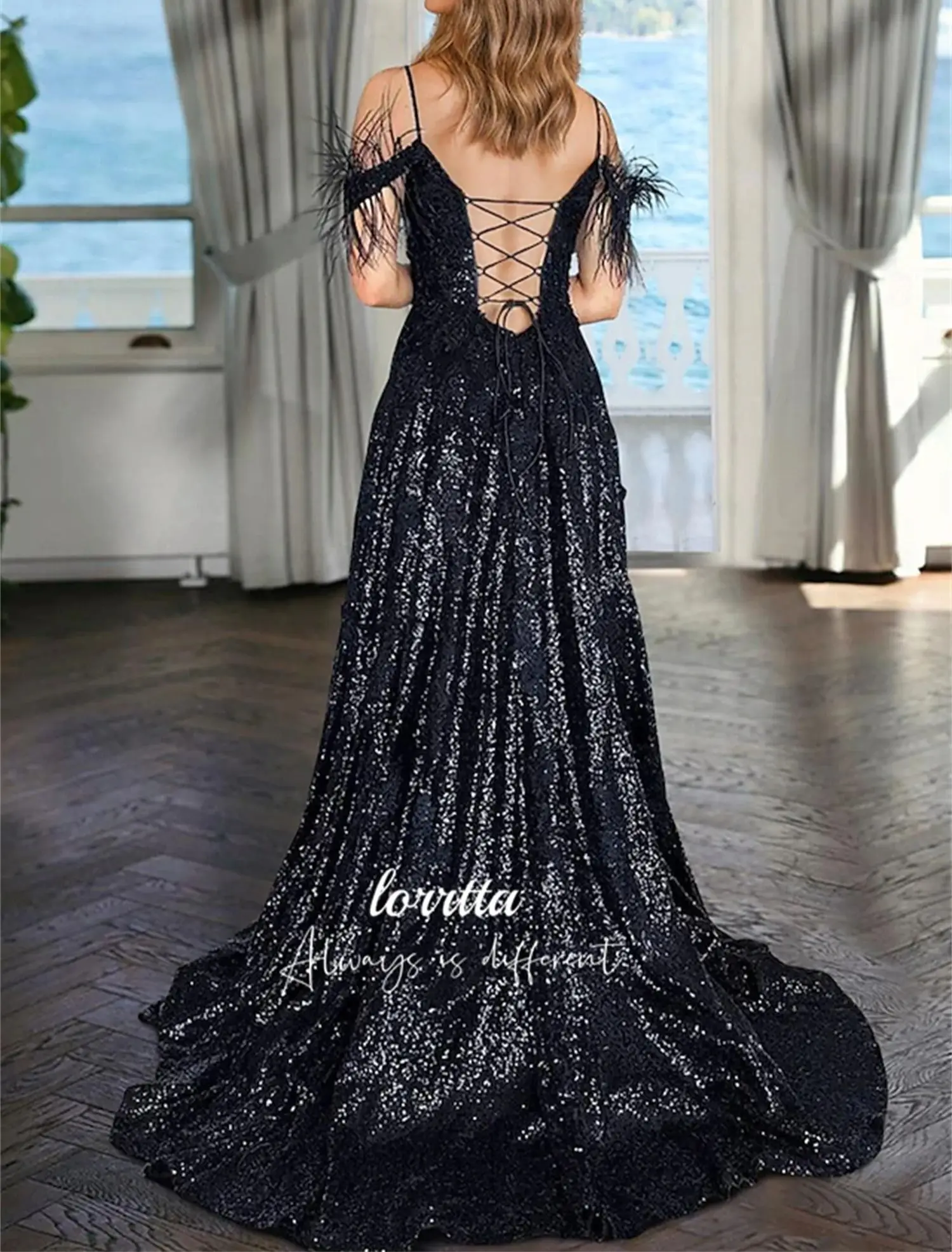 Lorrtta Feather Decoration Line A Ball Gown Evening Dress Sequined Fabric Elegant Party Dresses 2024 for Wedding Prom Cocktail