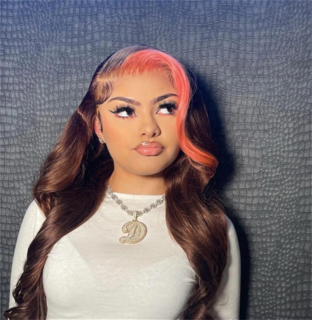 

High Quality Ombre Highlight Brown With Pink Hair Wig Body Wave Wigs 13X6 Transparent Lace Frontal Wig Brazilian 100% Human Hair
