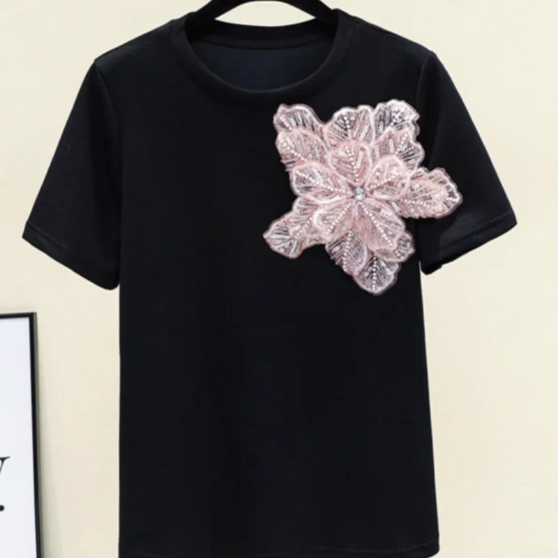 OCEANLOVE 3D Flowers T Shirt per le donne che borda primavera estate Vintage elegante Ropa De Mujer moda coreana Chic Camisetas