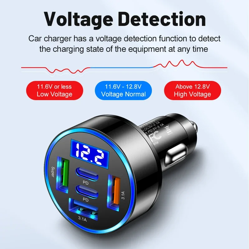 66W 5/6ports car charger PD qc3.0 USB C adapter in car Digital Display monitoring fast charging for iPhone Samsung Huawei Xiaomi