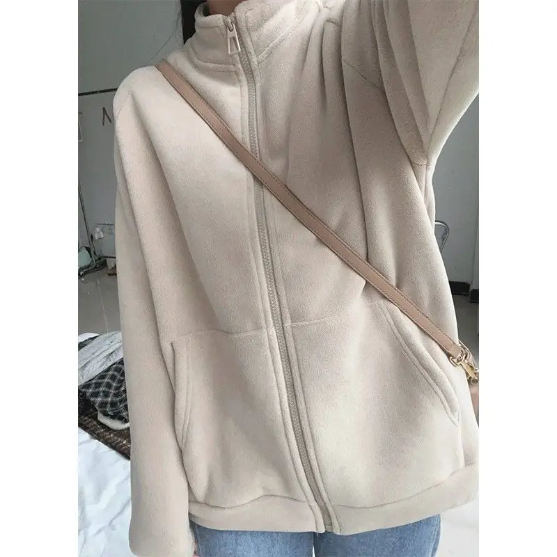 

Флисовый свитшот без шапки, женский, средней длины, весна-осень, быстросохнущий, обычный, минималистичный, повседневный, для офиса, для девочек, режим Sudadera, флокирование, Ins