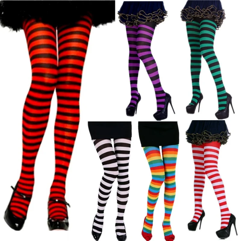 Womens Gothic Style Tights Stockings Party Cosplay Striped Elastic Leggings Pantyhose for Xmas Halloween