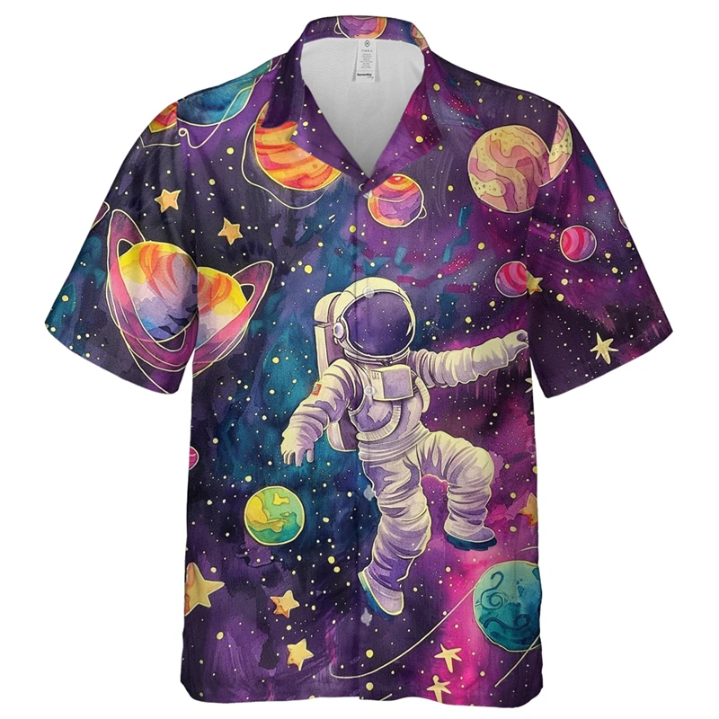 

Мужская свободная футболка на пуговицах, футболка с 3D-принтом космонавта, с лацканами и короткими рукавами, В гавайском стиле, для улицы