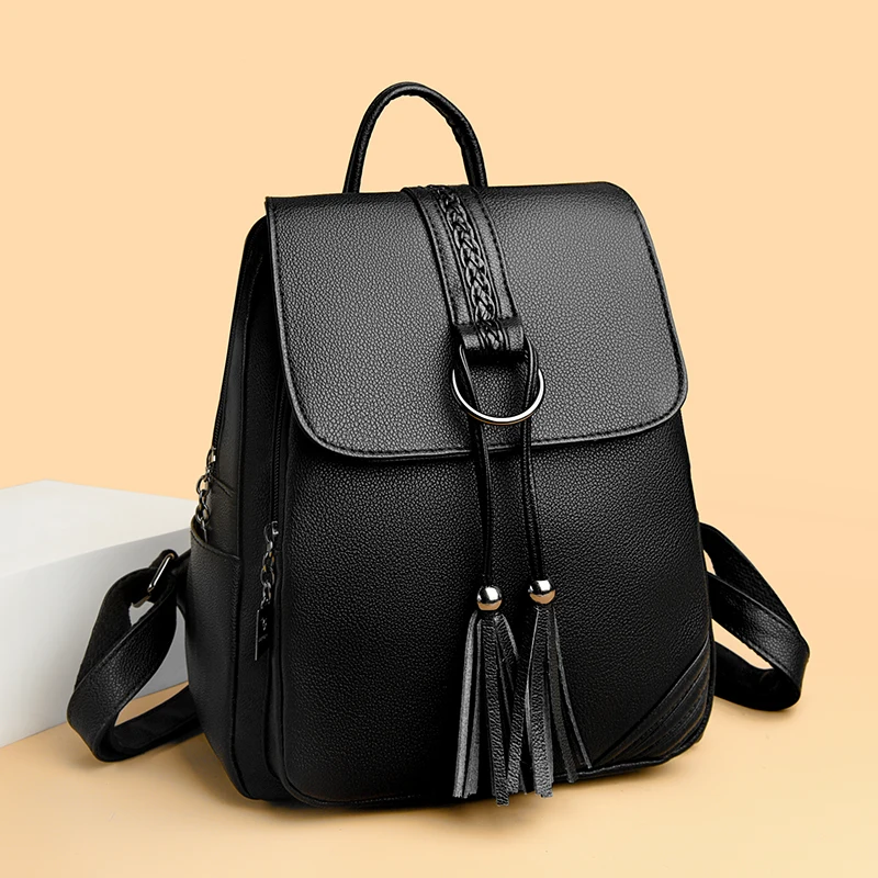 

2026 new Ladies Casual Soft Leather Double Shoulder Bag Large Capacity Outdoor Travel Backpack Fashionable Student Bookbag