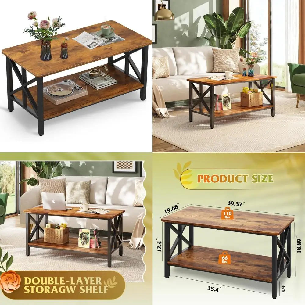 

Modern 2-Tier Farmhouse Style Coffee Table with Storage Shelf for Living Room