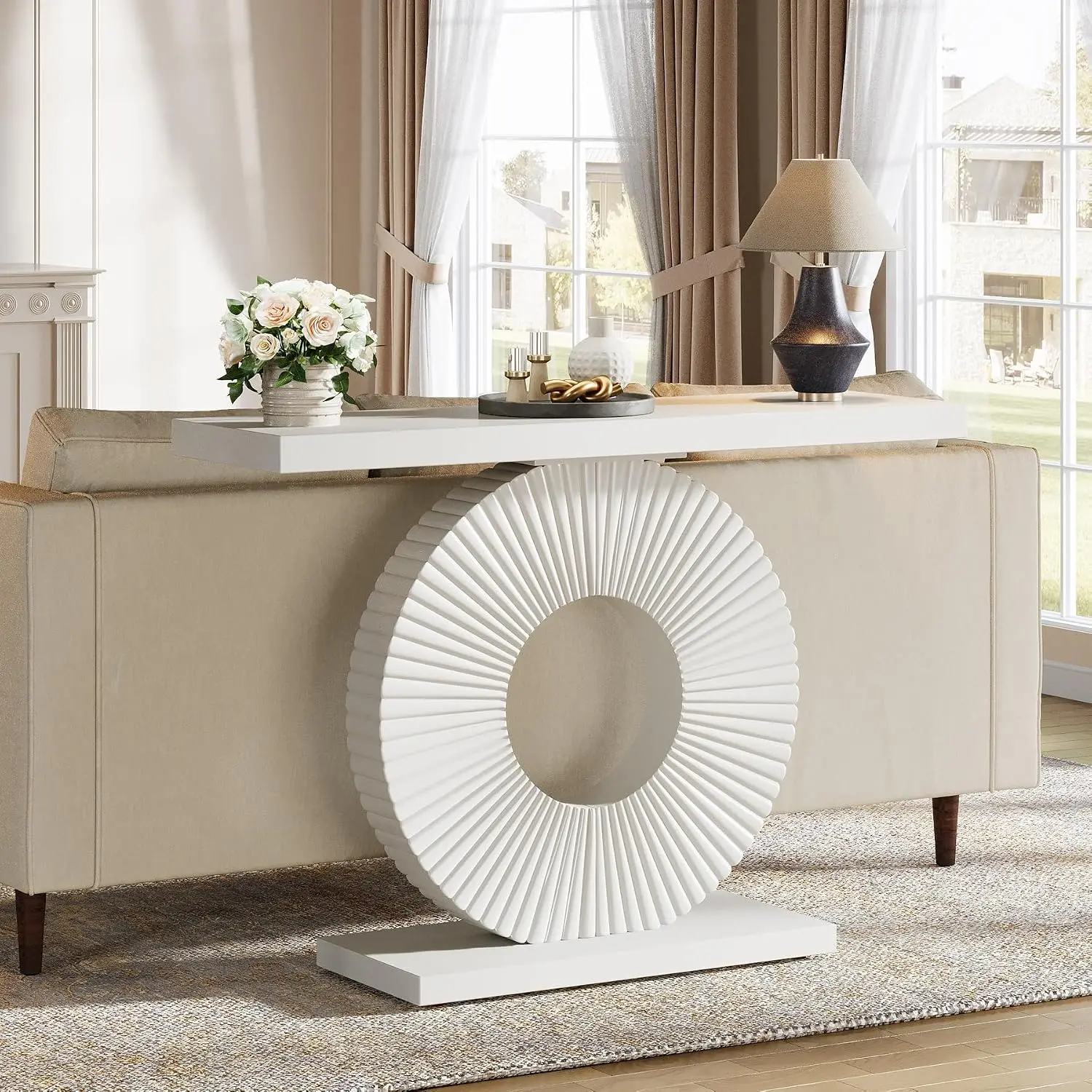 Narrow Console Table 39" Modern Geometric Base Sofa Table Small Accent Entryway Hallway Foyer Living Room White, Customized view 4