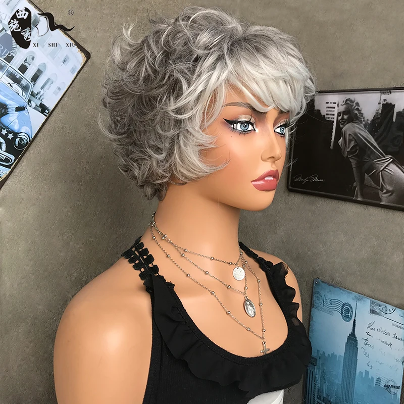 Short Mixed White Grey Natural Curl Synthetic Hair Wig With Bangs For Women Fluffy Hair High Temperature Fiber Cosplay Daily Wig