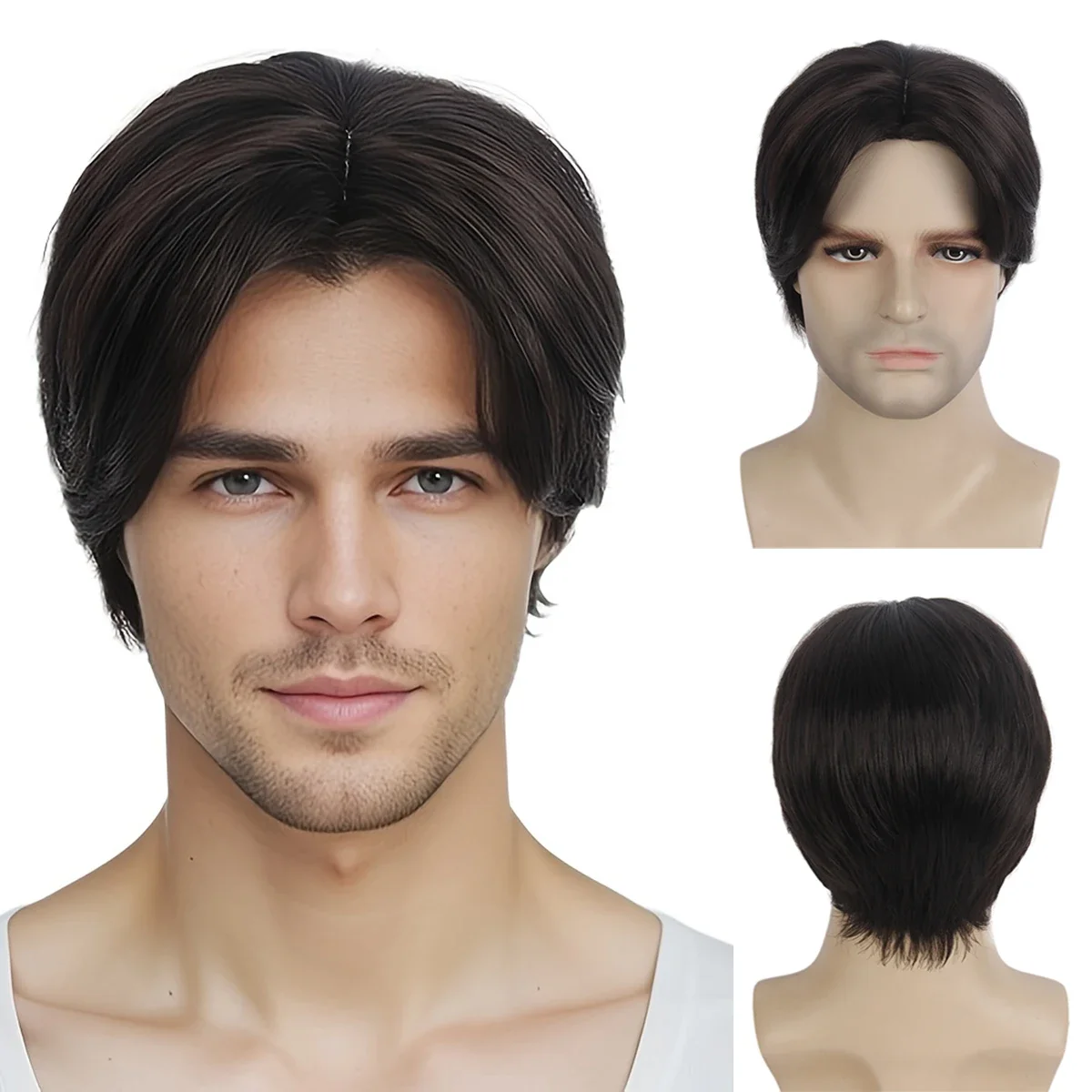 Dark Brown Middle Part Men Short with Side Swept Bangs Natural Synthetic Wigs