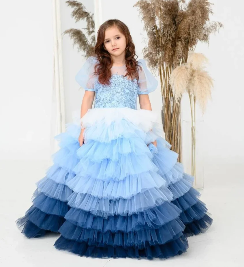 Ombre Blue Ball Gown Puffy Dress Wedding Flower Girl Dress O Neck Tiered Puffy Birthday Party Dress Photoshoot Outfit