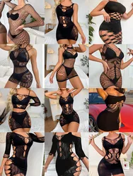 2024 New Fashion Night Club Party Mesh Clothes Fishing Net See Through Hollow Out Short Skirt Female Sexiest Bodycon Dress