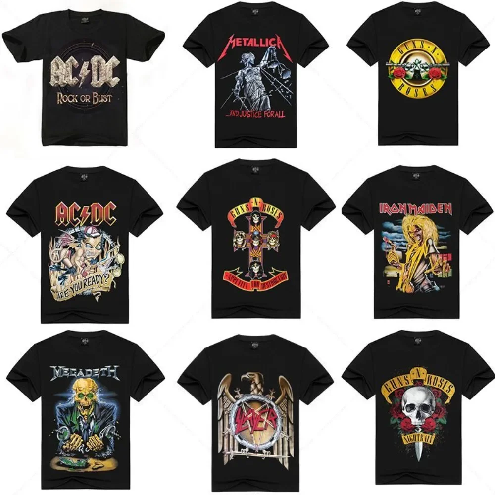 Rock Band Acdc Short-sleeved T-shirt Megadeth Gun Flower Metallica Simple Loose Queen Crew Neck Cotton T-shirt Men and Women