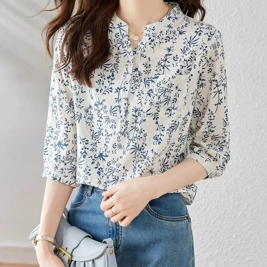 

New Summer French Fresh Blue and White Porcelain Floral Print Women's Blouse with 3/4 Sleeves and Unique Style