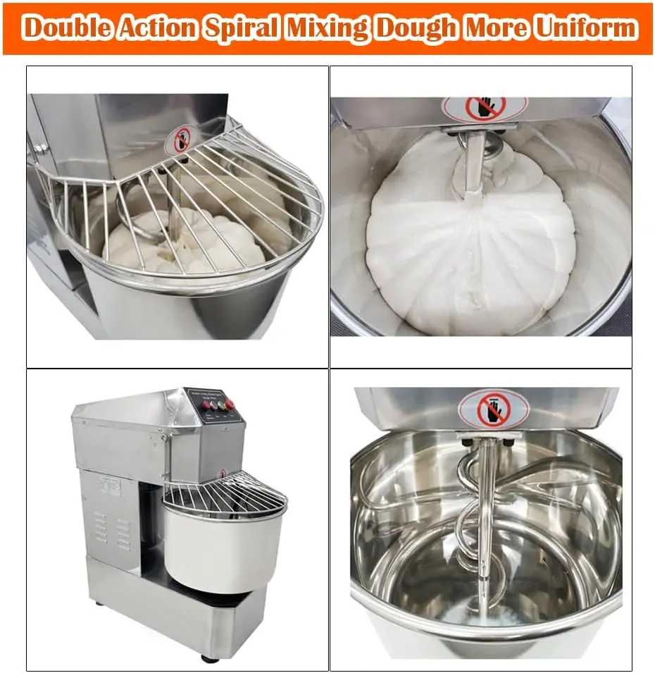 Mixer Adonan Listrik Komersial 20QT Mesin Pencampur Tepung Berdiri Blender Adonan Baja Tahan Karat Spiral Kecepatan Ganda Aksi Ganda