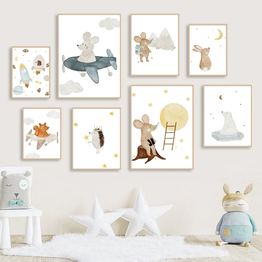 

Boho Mouse Hedgehog Rabbit Bear Fox Moon Airplane Space Rocket Nursery Wall Art Prints Posters Canvas Painting Kids Room Decor