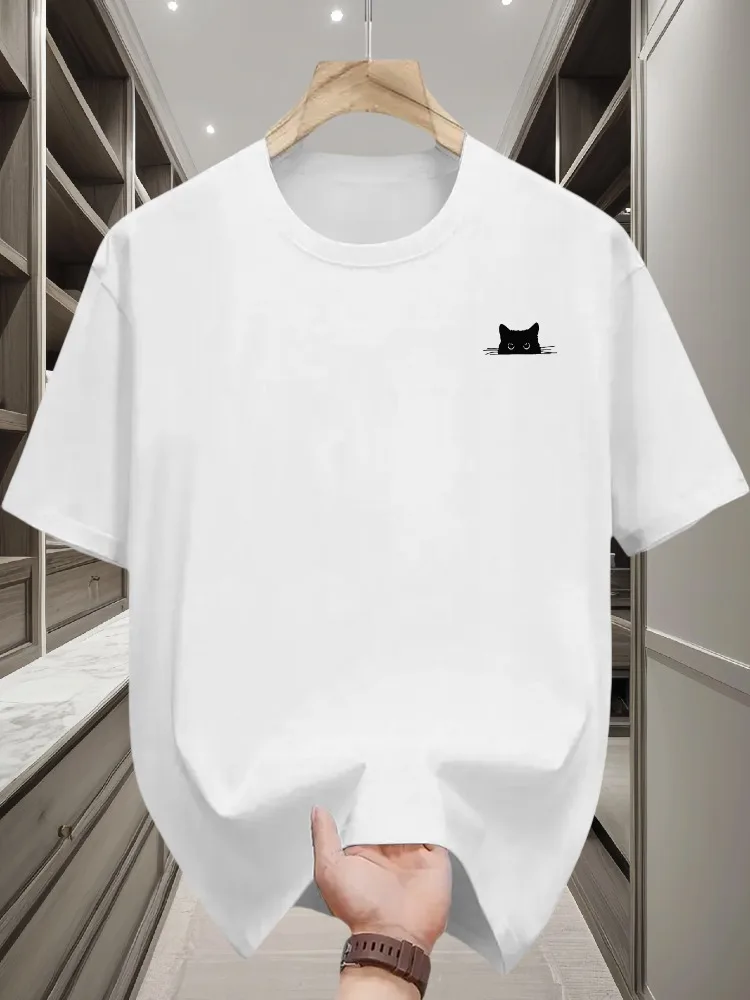 Men's Summer 100% Pure Cotton Casual Loose Cat Element Printed Comfortable Sports Round Neck Short Sleeved T-shirt Top