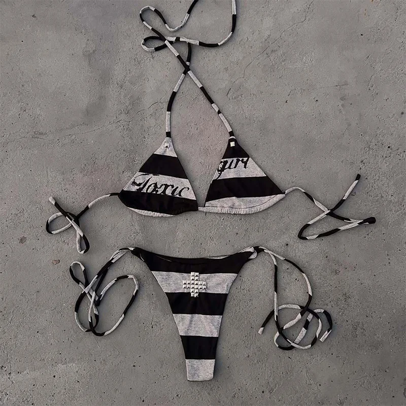 Women's Gothic Striped Letter Print Halter Bikini Set Tie-Side Y2K Emo Punk Summer Beach Swimsuit