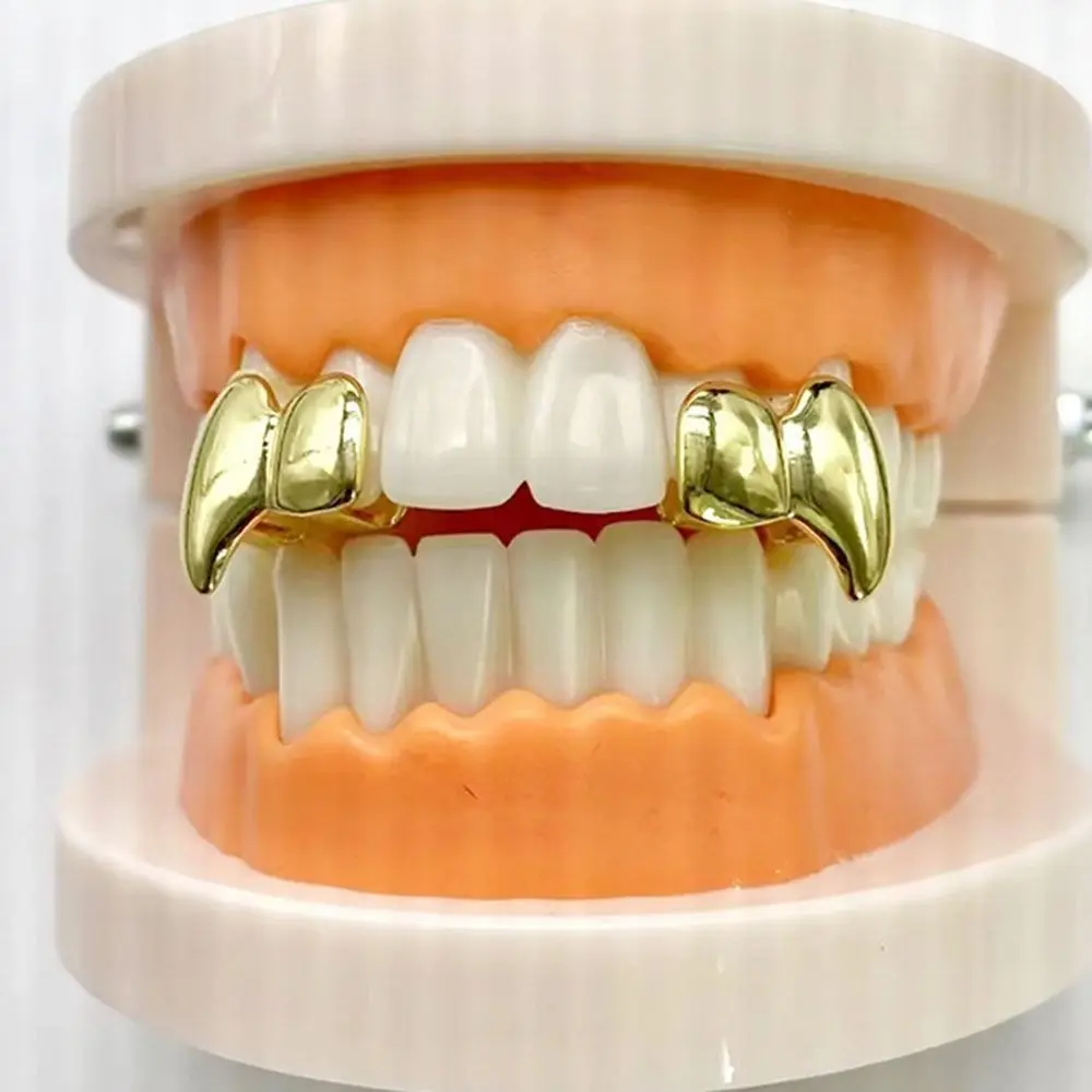 2Pcs/Set Double Glossy Hip-Hop Tooth Grills Halloween Gift Gold Silver Color Tooth Caps Punk Jewelry Charm Fangs Dental Grills - view 3