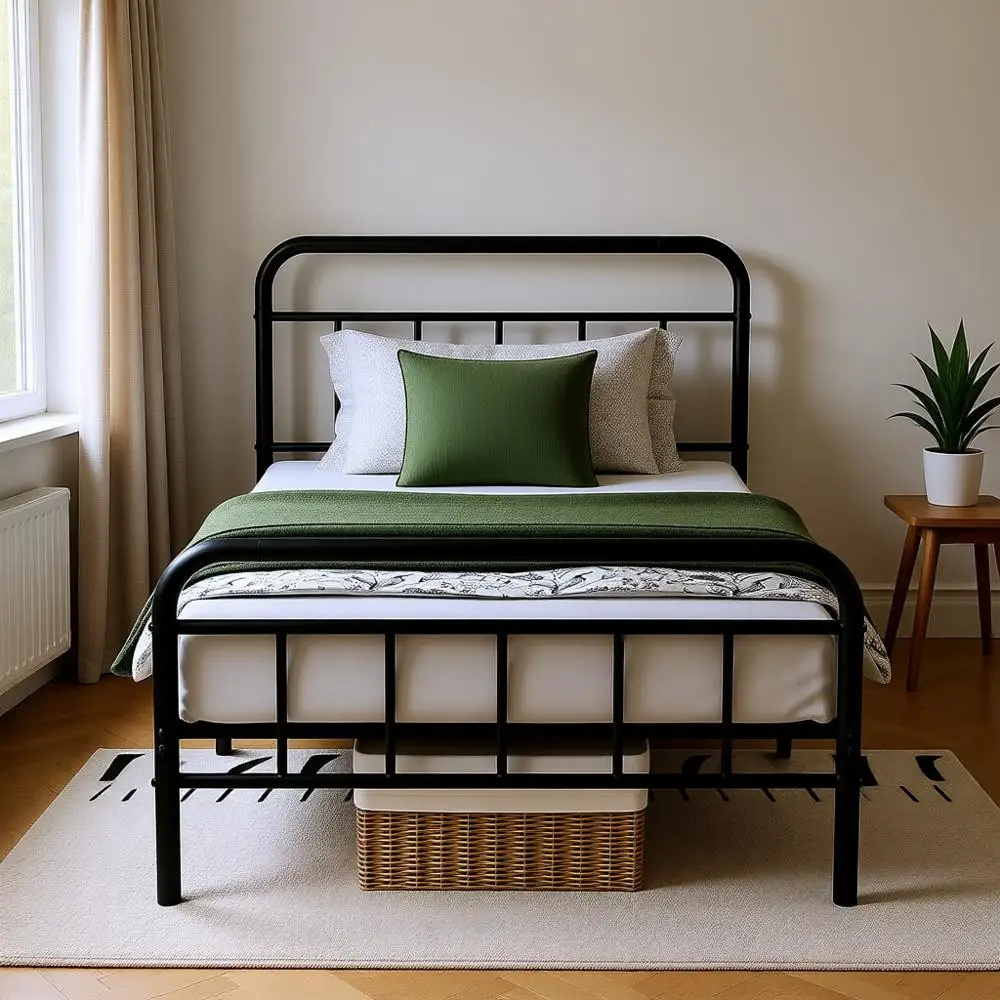 

14-дюймовая металлическая кровать размера Twin с мягким изголовьем, сверхпрочная, простая сборка, не требует пружинного блока, черная