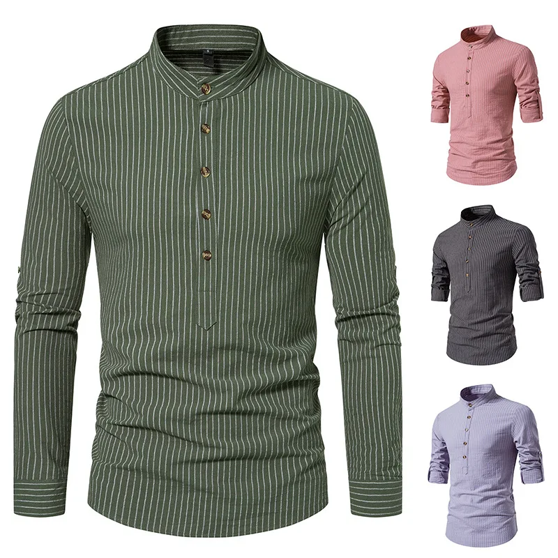 Summer New Henley Collar Men's Long Sleeved Striped Shirt Casual Top Instagram Trendy Men