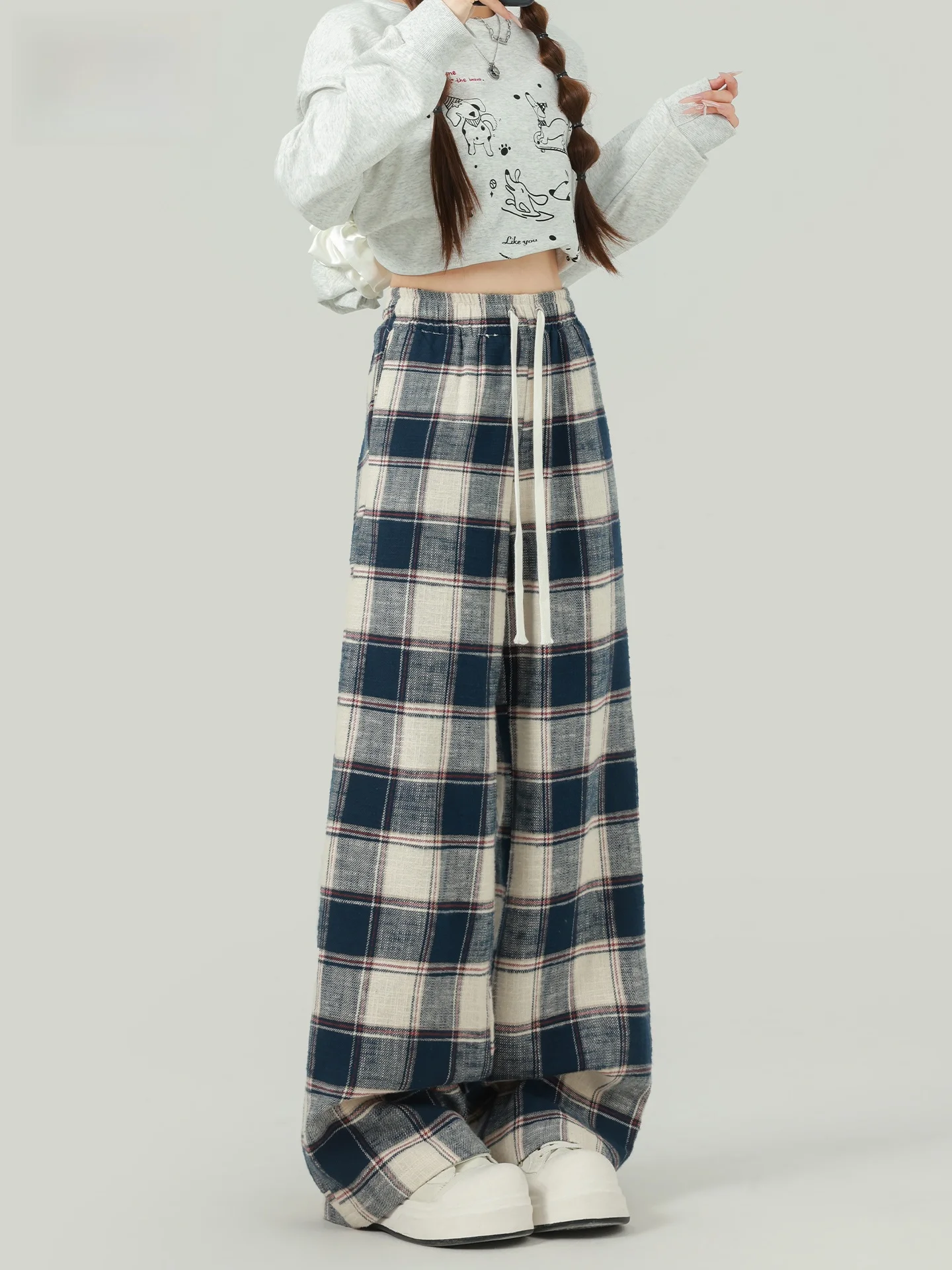 

Повседневные брюки в американском стиле с высокой талией в клетку, женские свободные брюки с завязками, прямые широкие брюки, летняя новинка