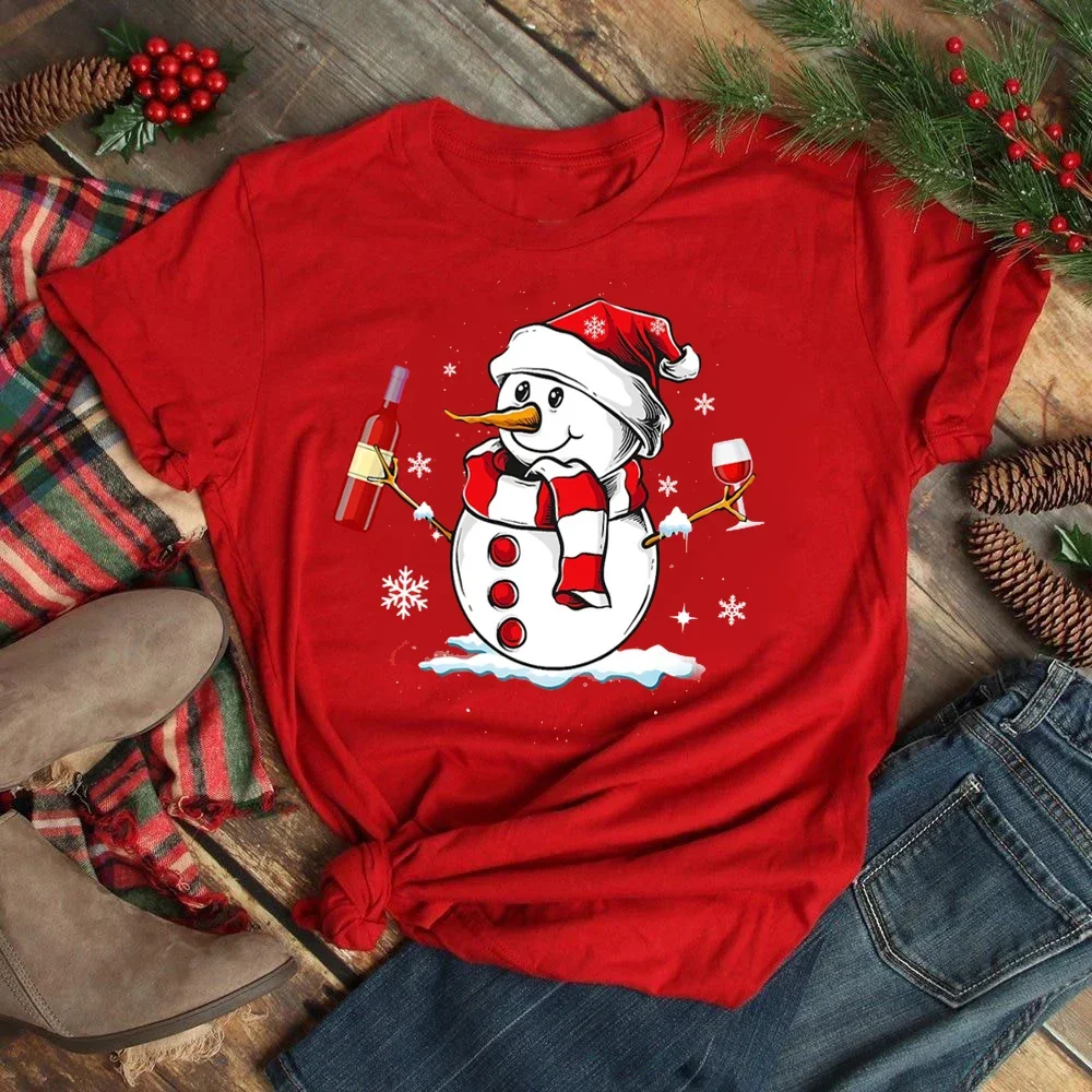 Fashion Christmas Wine Glass Graphic Printed Women Red Top Streetwear Christmas Harajuku Crew Neck Short Sleeve Casual Women Tee
