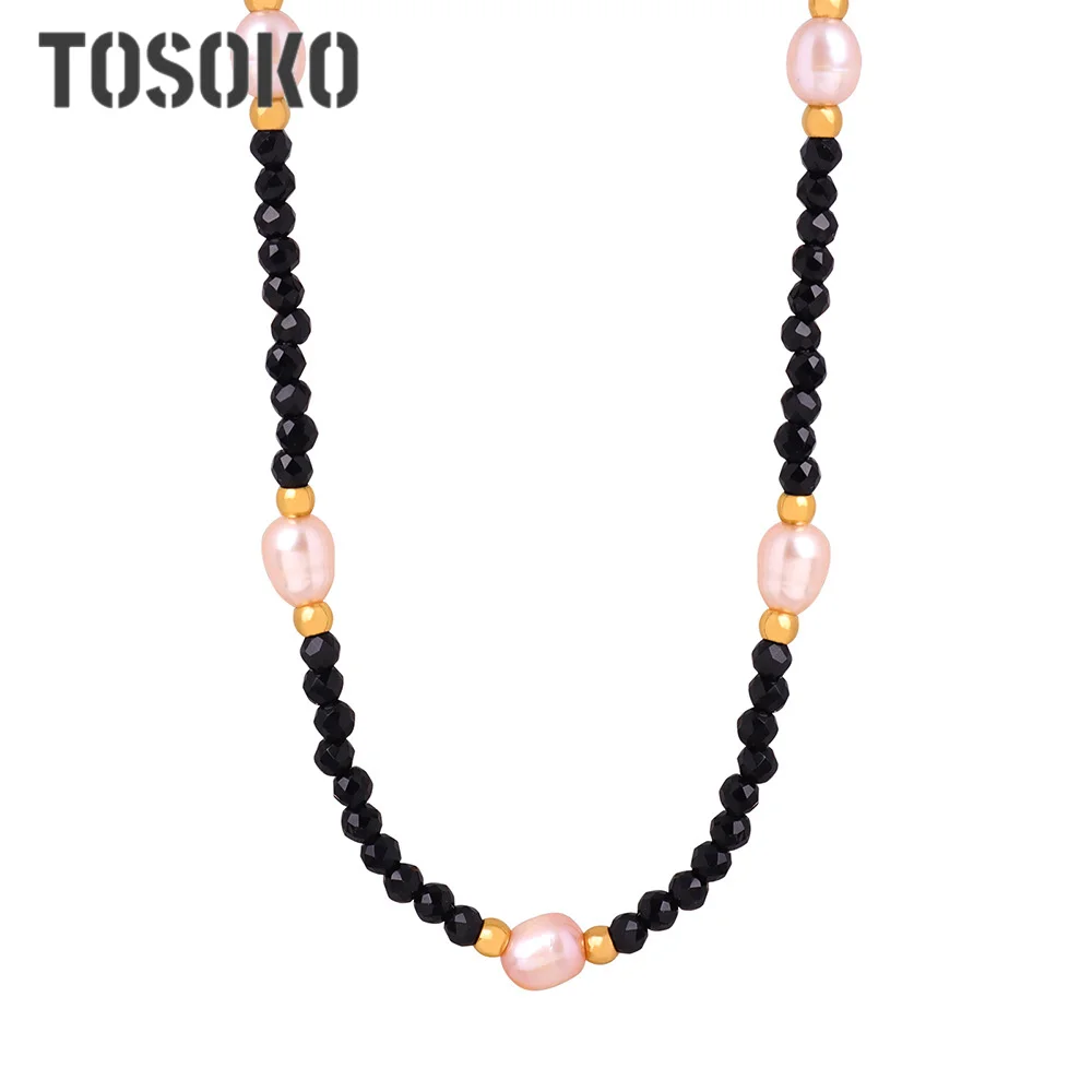 TOSOKO Tianhe Stone Danshui Pearl Bead Design Stainless Steel Pendant Necklace Women's Fashion Necklace BSP372