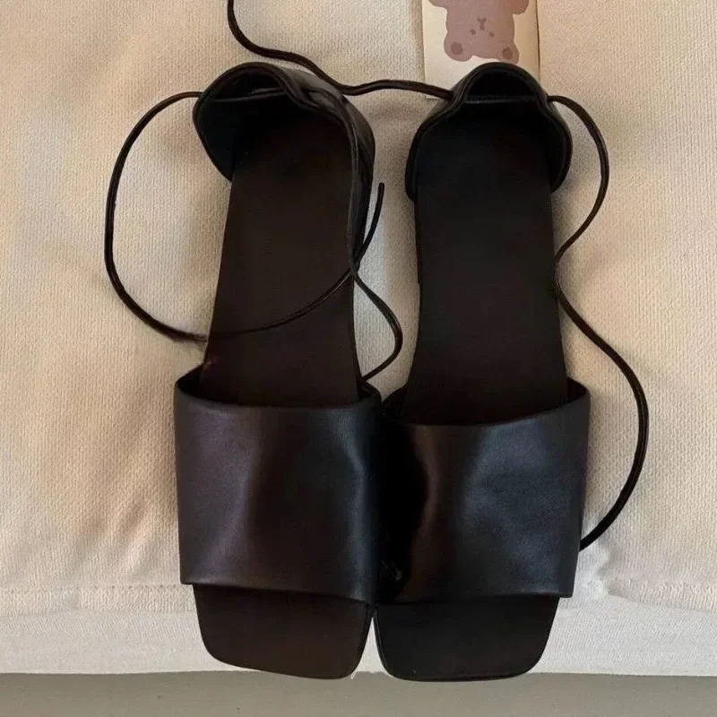 

High Quality Sheepskin Leather Women's Sandal Open Toe Square Head Elastic Flats Sandals Designer Summer Casual Slippers Shoes