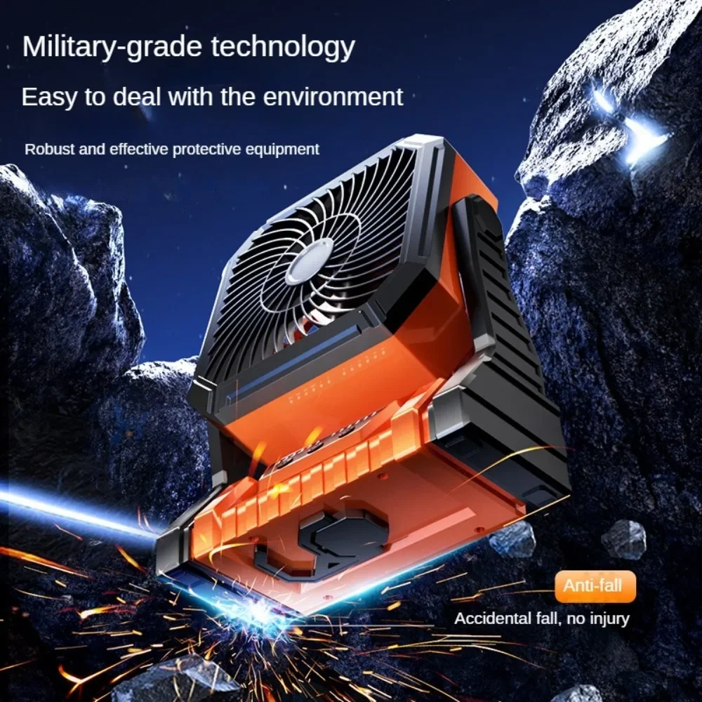 พัดลมตั้งแคมป์แบบพกพาแบตเตอรี่ดําเนินการพัดลมเต็นท์กลางแจ้งแบบชาร์จไฟได้พร้อมไฟและพัดลมตั้งโต๊ะแบบตะขอสําหรับตั้งแคมป์