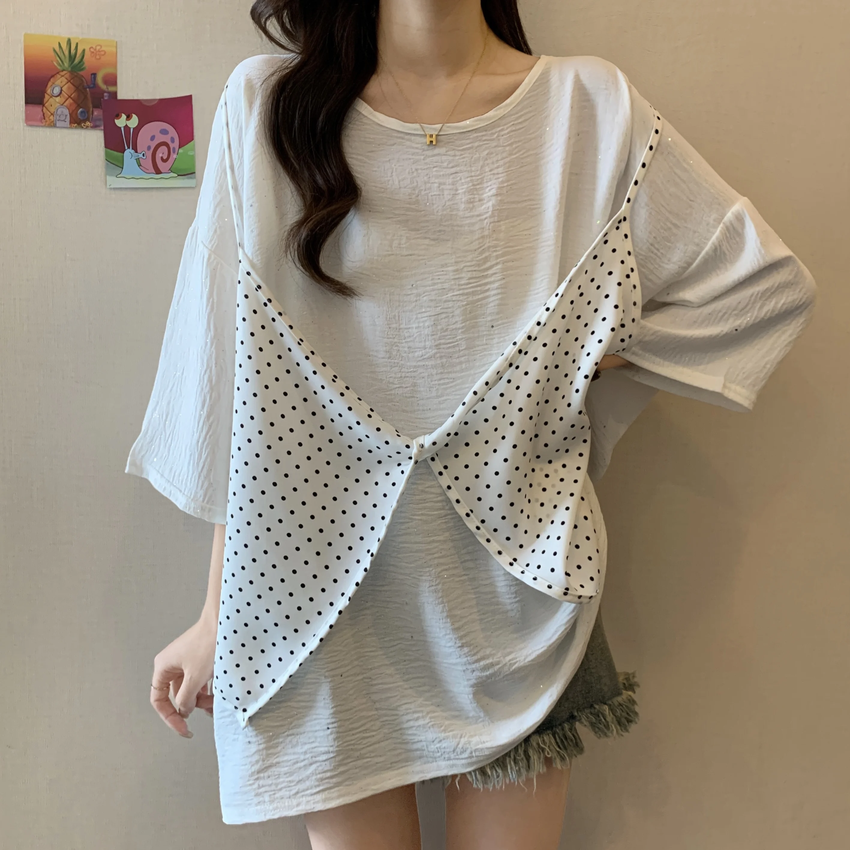 Fake Two-piece Stitching Polka Dot Big Loose Long Oversized T Shirt Women Kawaii Aesthetic Plus Size Tops Cheap Wholesale